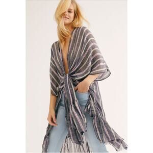 Free People-  There She Goes Ruffle Stripe Kimono - Denim - OS